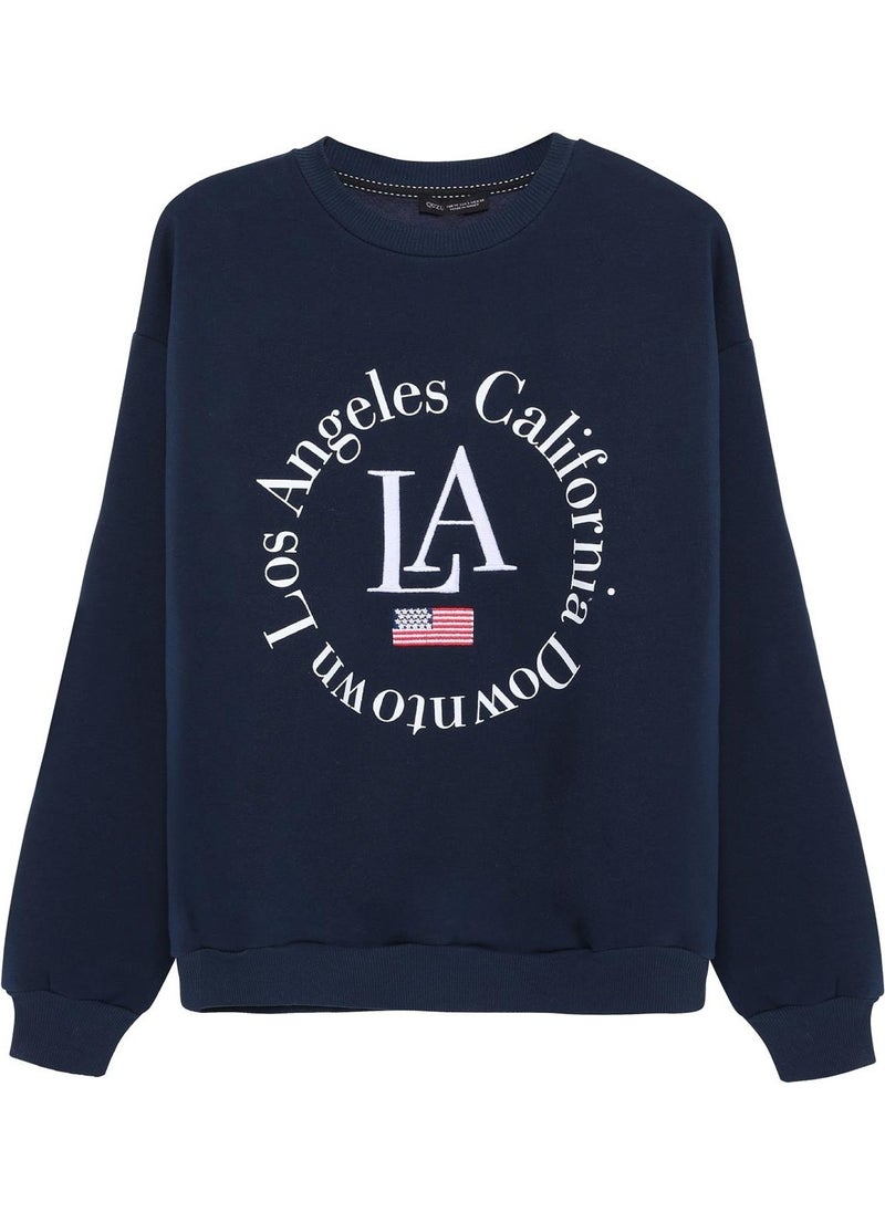 Print Detailed Sweatshirt Navy Blue