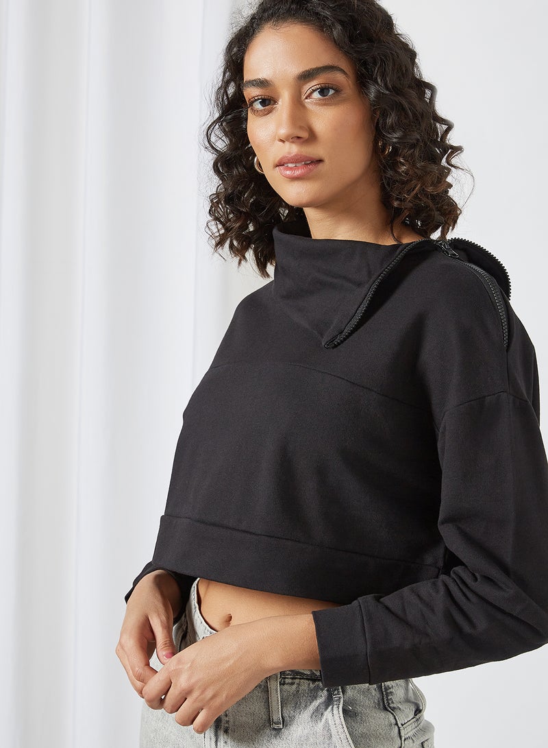 Turtle Neck Cropped Sweatshirt Black