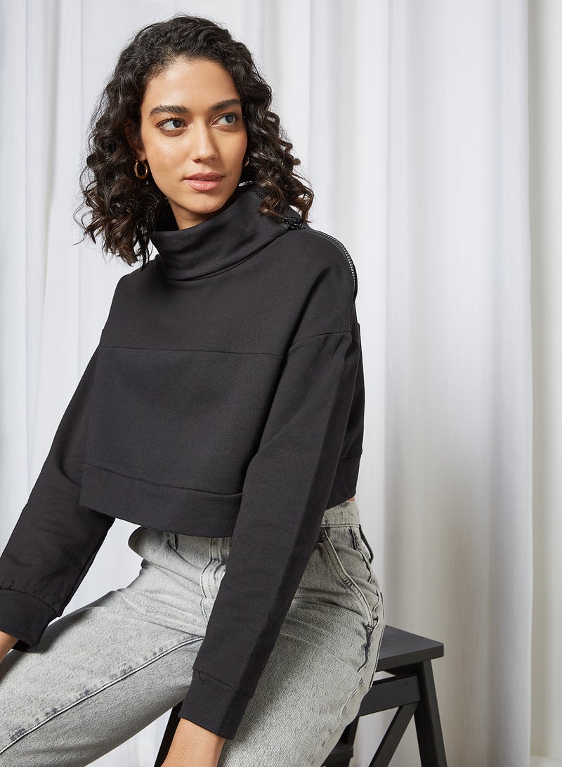 Turtle Neck Cropped Sweatshirt Black