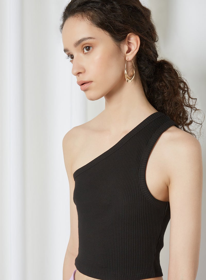 One Shoulder Ribbed Top Black