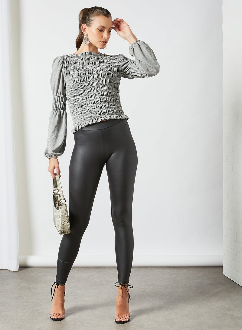 Shirred Long Sleeve Top Grey