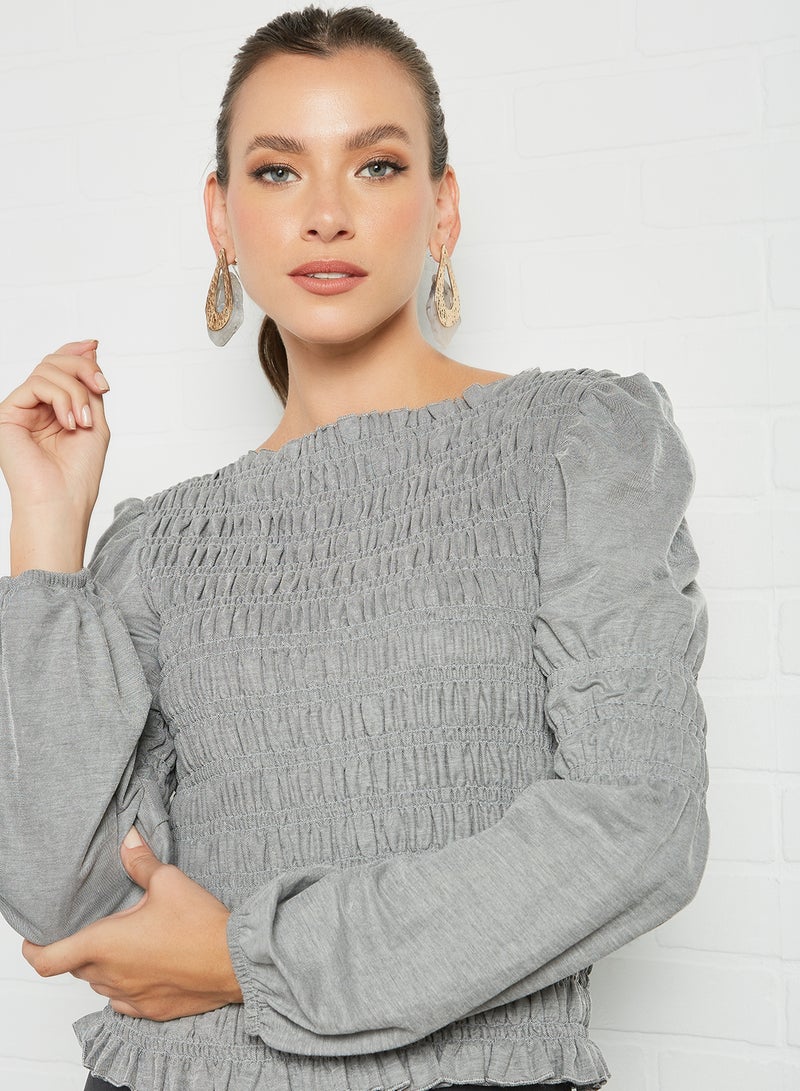 Shirred Long Sleeve Top Grey