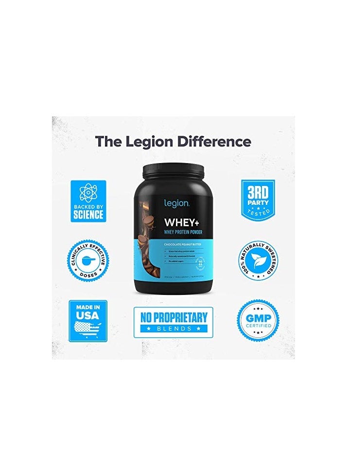 Whey+ Whey Protein Powder, Grass Fed Whey Protein Isolate, Naturally Sweetened and Flavored, No Added Sugars, Hormone & antibiotic free, 23 grams Per Serving, 966grams, 30 Servings - Chocolate Peanut Butter