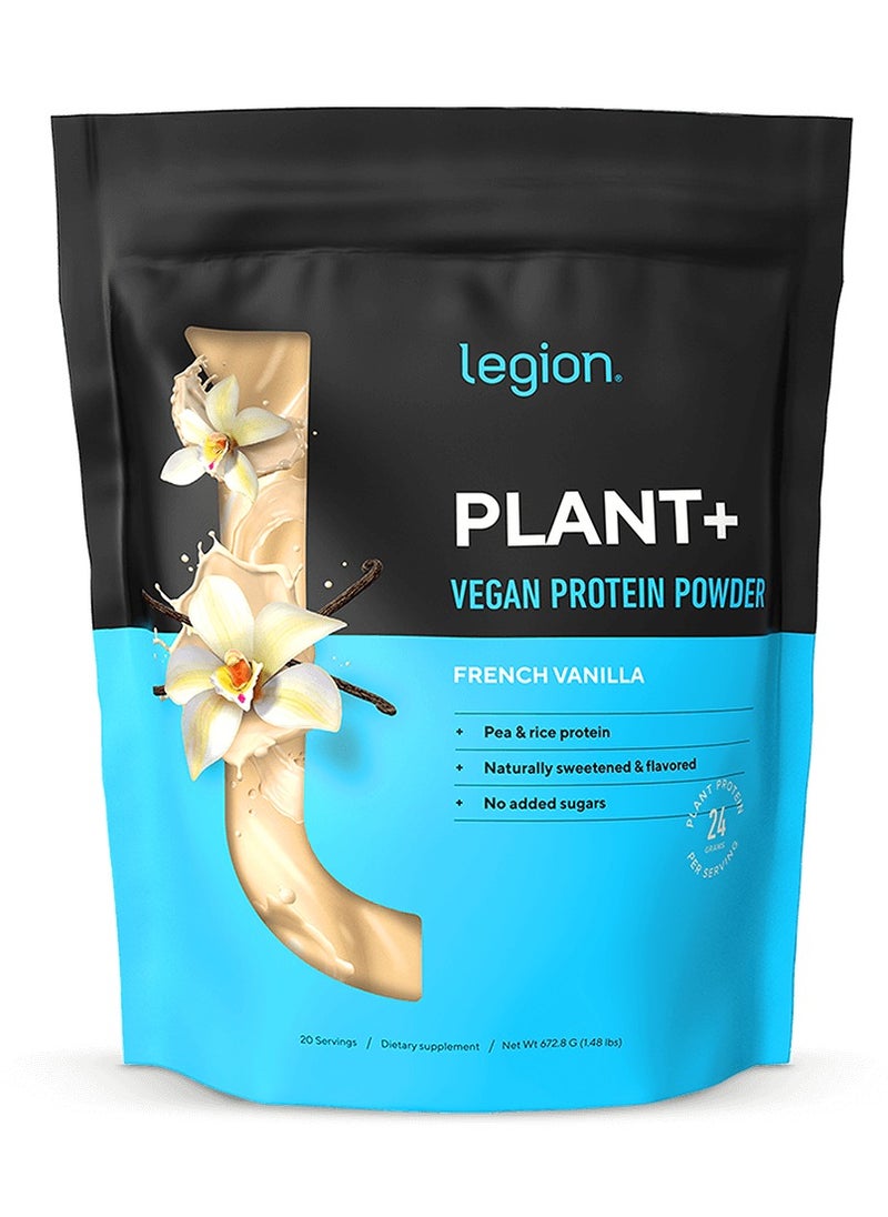 Plant+ Vegan Protein Powder, Pea and Rice Protein, Naturally Sweetened & Flavored, No Added Sugars, 24 grams Per Serving, 672.8 grams, 20 Servings - French Vanilla