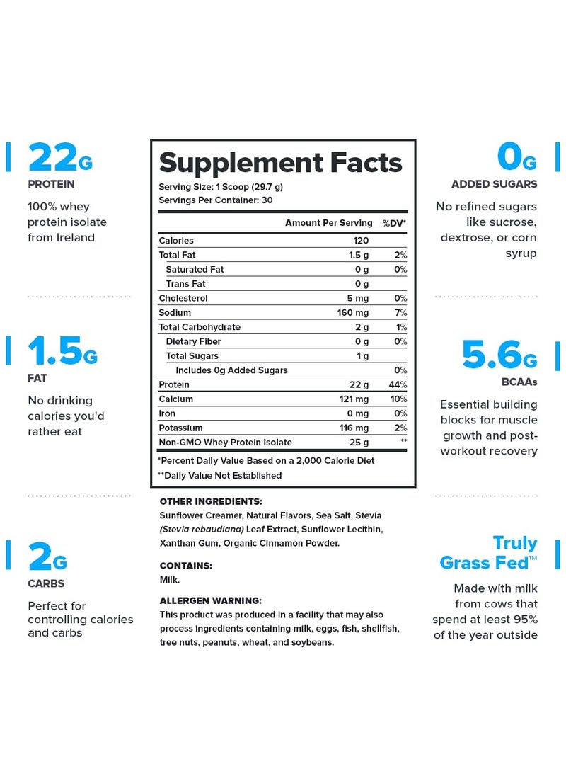 Whey+ Whey Protein Powder, Grass Fed Whey Protein Isolate, Naturally Sweetened and Flavored, No Added Sugars, 22 grams Per Serving, 891grams, 30 Servings - Cinnamon Cereal