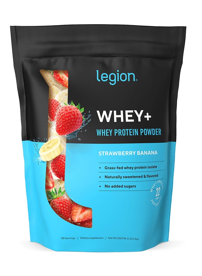 Whey+ Whey Protein Powder, Grass Fed Whey Protein Isolate, Naturally Sweetened and Flavored, No Added Sugars, 22 grams Per Serving, 2267.96grams, 83 Servings - Strawberry Banana