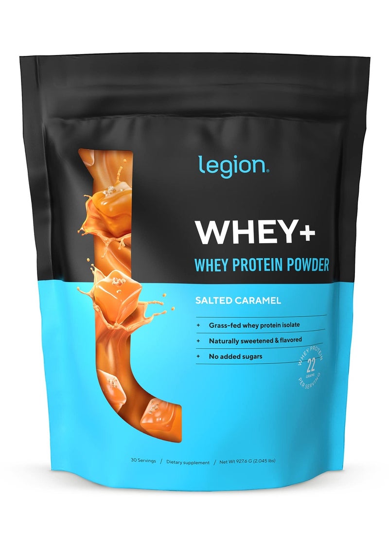 Whey+ Whey Protein Powder, Grass Fed Whey Protein Isolate, Naturally Sweetened and Flavored, No Added Sugars, 22 grams Per Serving, 927.6grams, 30 Servings - Salted Caramel