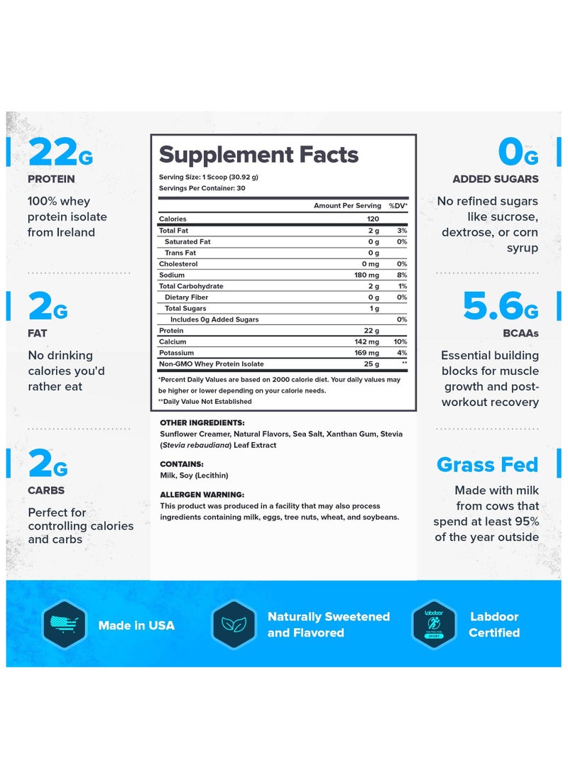 Whey+ Whey Protein Powder, Grass Fed Whey Protein Isolate, Naturally Sweetened and Flavored, No Added Sugars, 22 grams Per Serving, 927.6grams, 30 Servings - Salted Caramel