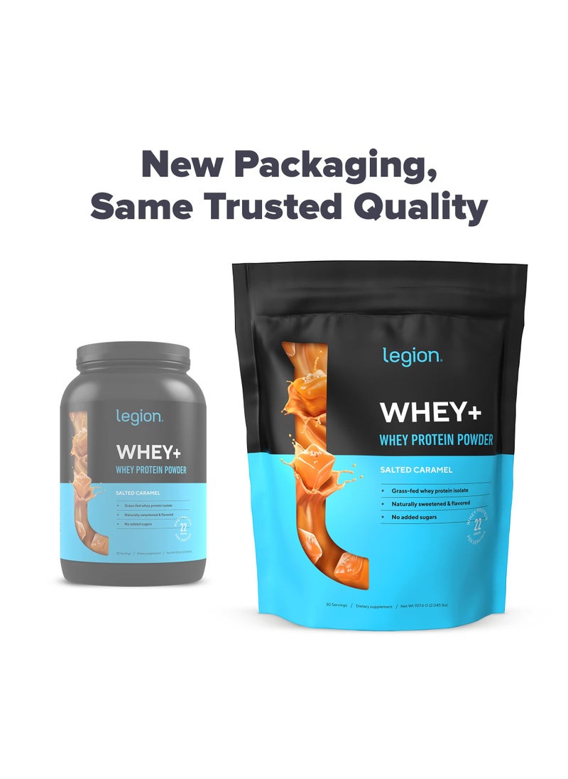 Whey+ Whey Protein Powder, Grass Fed Whey Protein Isolate, Naturally Sweetened and Flavored, No Added Sugars, 22 grams Per Serving, 927.6grams, 30 Servings - Salted Caramel