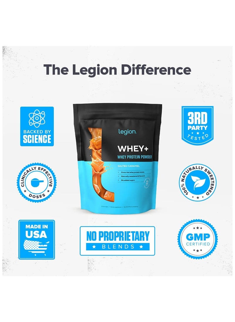 Whey+ Whey Protein Powder, Grass Fed Whey Protein Isolate, Naturally Sweetened and Flavored, No Added Sugars, 22 grams Per Serving, 927.6grams, 30 Servings - Salted Caramel