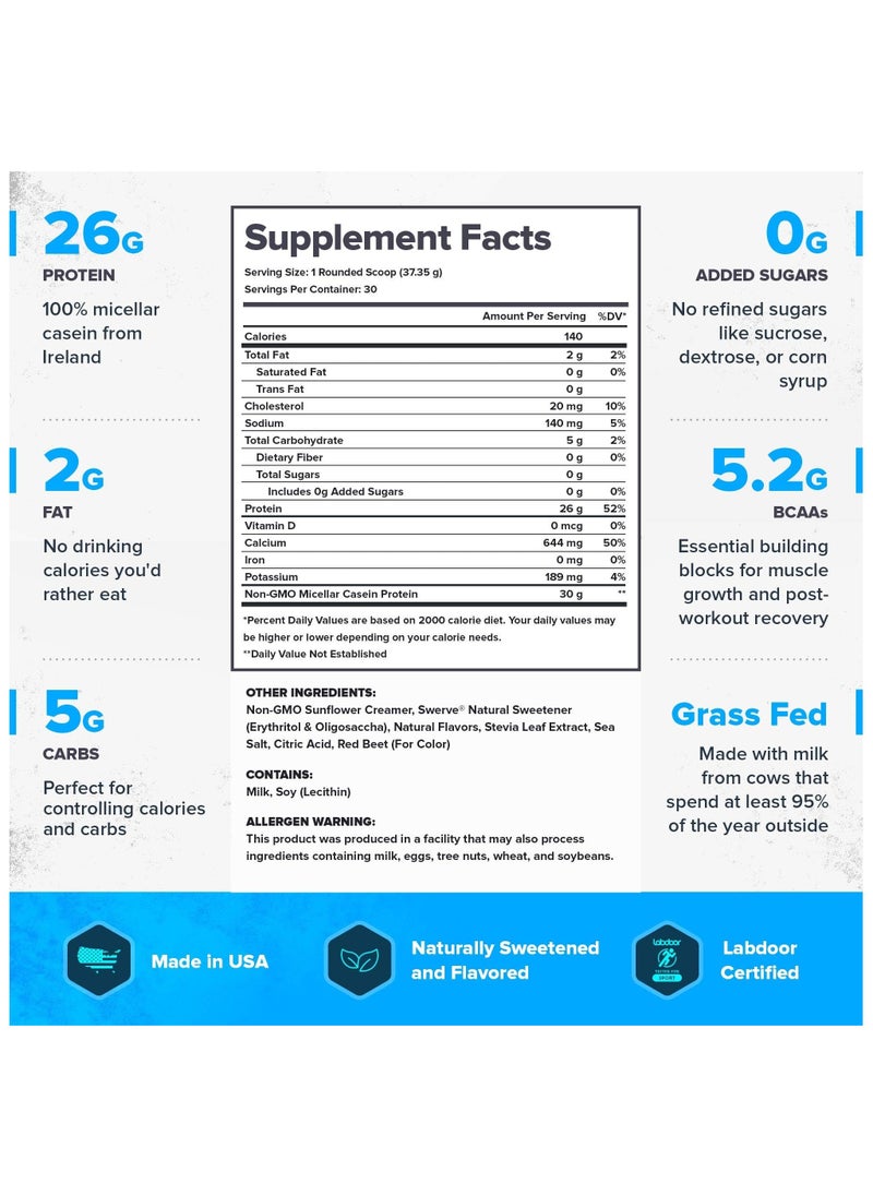 Casein+ Casein Protein Powder, Grass-Fed Micellar Casein Protein, Naturally Sweetened & Flavored, No Added Sugars, 26g Per Serving, 1120.5 g (2.47 Lbs), 30 Servings - Strawberry