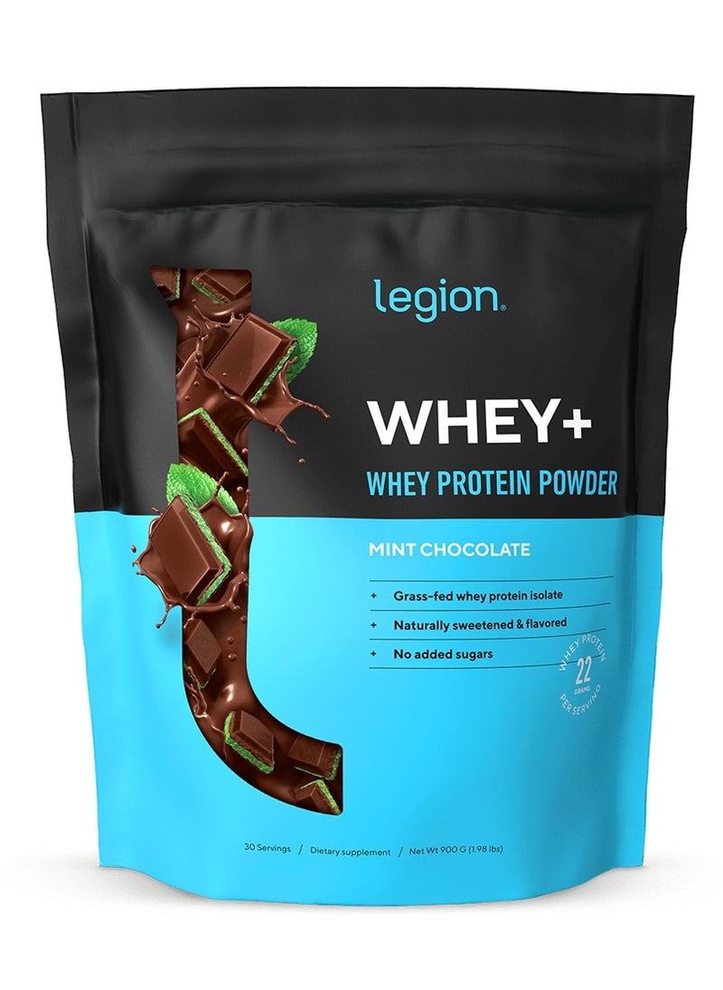 Whey+ Whey Protein Powder, Grass Fed Whey Protein Isolate, Naturally Sweetened and Flavored, No Added Sugars, 22 grams Per Serving, 900G (1.98lbs), 30 Servings - Mint Chocolate