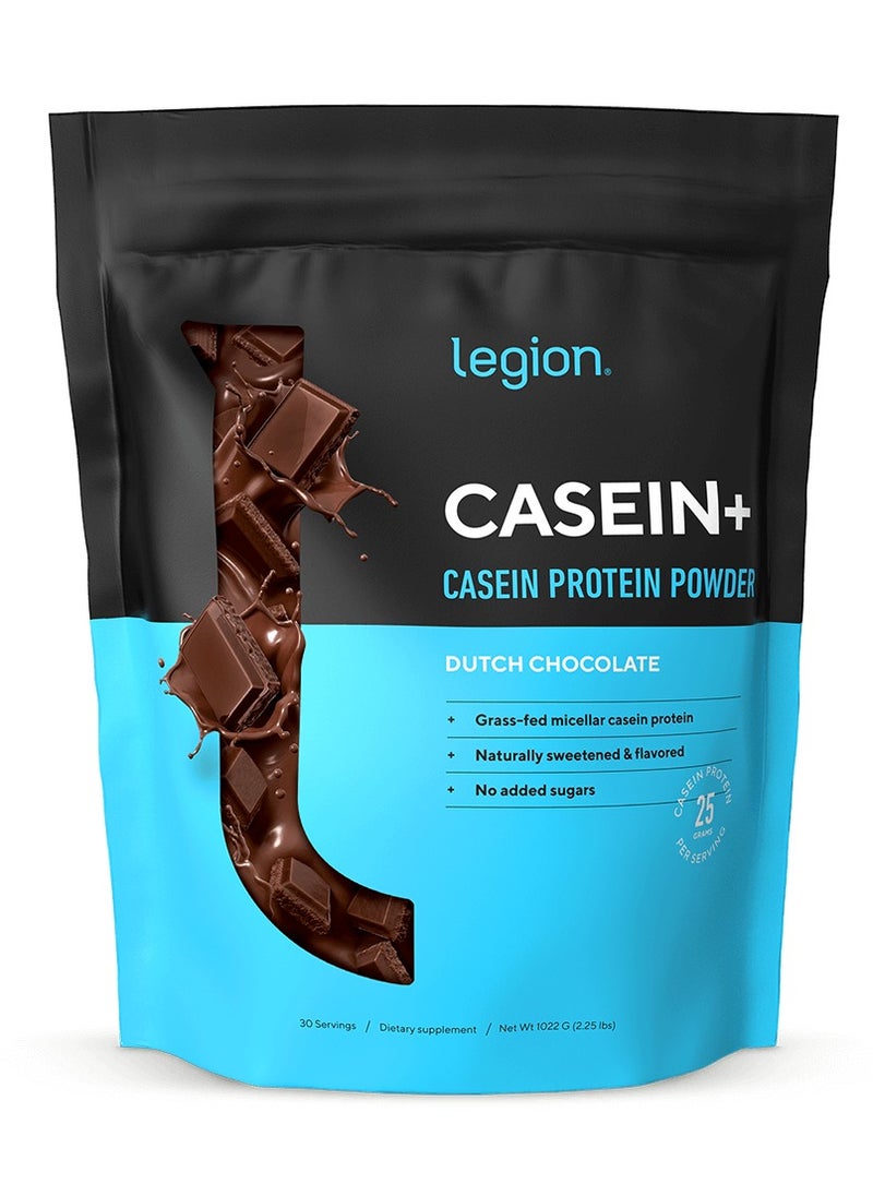 Casein+ Casein Protein Powder, Grass-Fed Micellar Casein Protein, Naturally Sweetened & Flavored, No Added Sugars, 25g Per Serving, 1020grams, 30 Servings - Dutch Chocolate, Dietary supplement