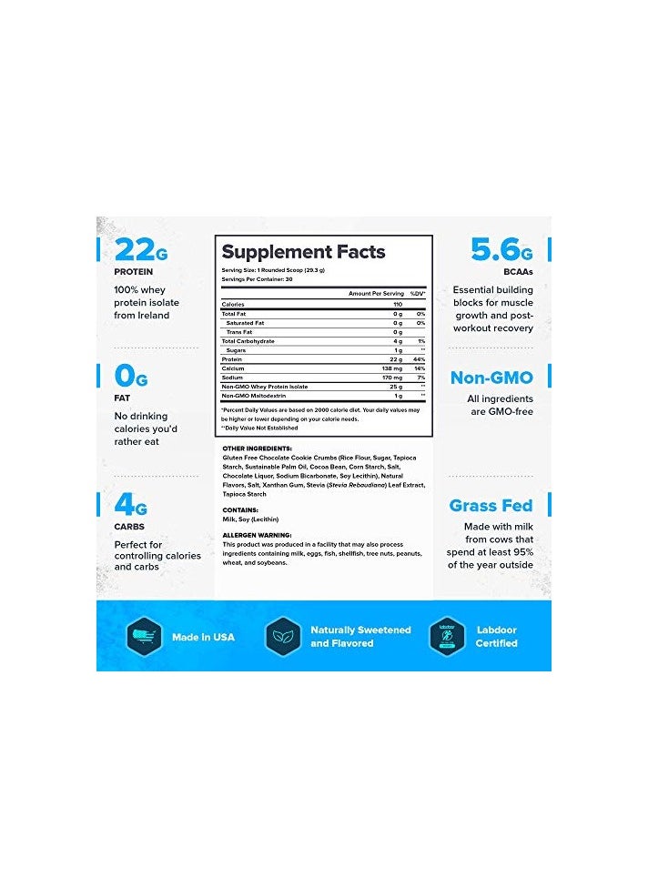 Whey+ Whey Protein Powder, Grass Fed Whey Protein Isolate, Naturally Sweetened and Flavored, No Added Sugars, 22 grams Per Serving, 2267.96grams, 78 Servings - Cookies & Cream