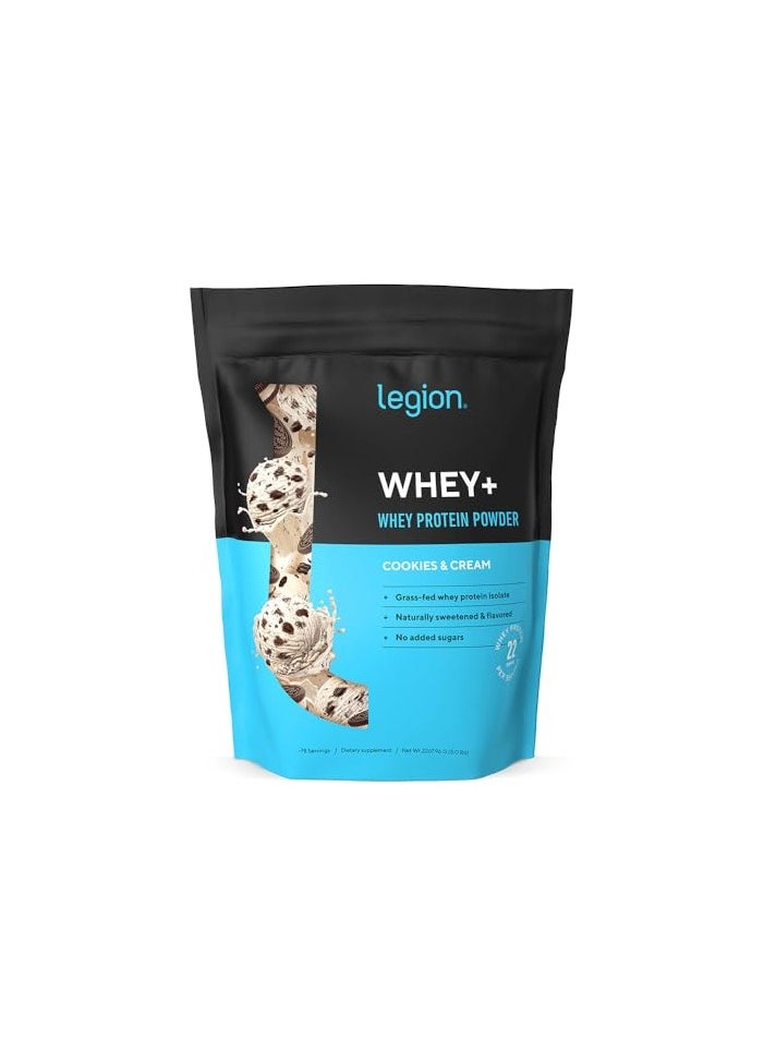 Whey+ Whey Protein Powder, Grass Fed Whey Protein Isolate, Naturally Sweetened and Flavored, No Added Sugars, 22 grams Per Serving, 2267.96grams, 78 Servings - Cookies & Cream