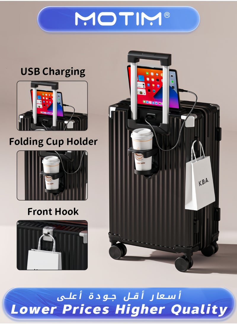 Travel Luggage Carry-On Luggage with Spinner Wheels Aluminum Framed Carry On Suitcase with USB and Type-C Port & Cup Holder & Phone Holder ＆ Side Hidden Hook Large Checked-in Luggage