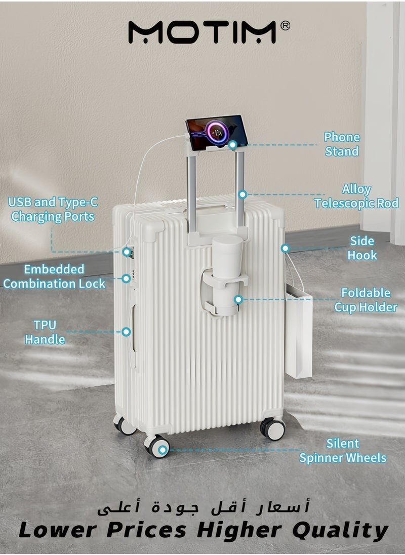 Travel Luggage Carry-On Luggage with Spinner Wheels Aluminum Framed Carry On Suitcase with USB and Type-C Port & Cup Holder & Phone Holder ＆ Side Hidden Hook Large Checked-in Luggage