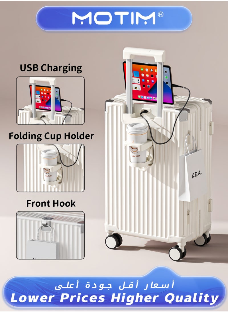 Travel Luggage Carry-On Luggage with Spinner Wheels Aluminum Framed Carry On Suitcase with USB and Type-C Port & Cup Holder & Phone Holder ＆ Side Hidden Hook Large Checked-in Luggage