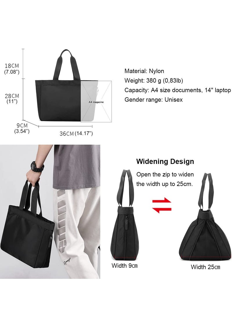 Men's Tote Bag 14-inch Laptop Nylon Waterproof Lightweight Business Casual Black Handbag for Work School Travel, Black, Large