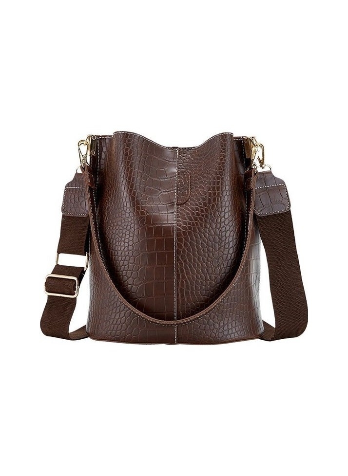 Women's Crocodile Patterned Shoulder Bag with large capacity multi -faceted wide band Crossbody bag (abroad Colour:Dark coffee Sizes:26*28*16 cm