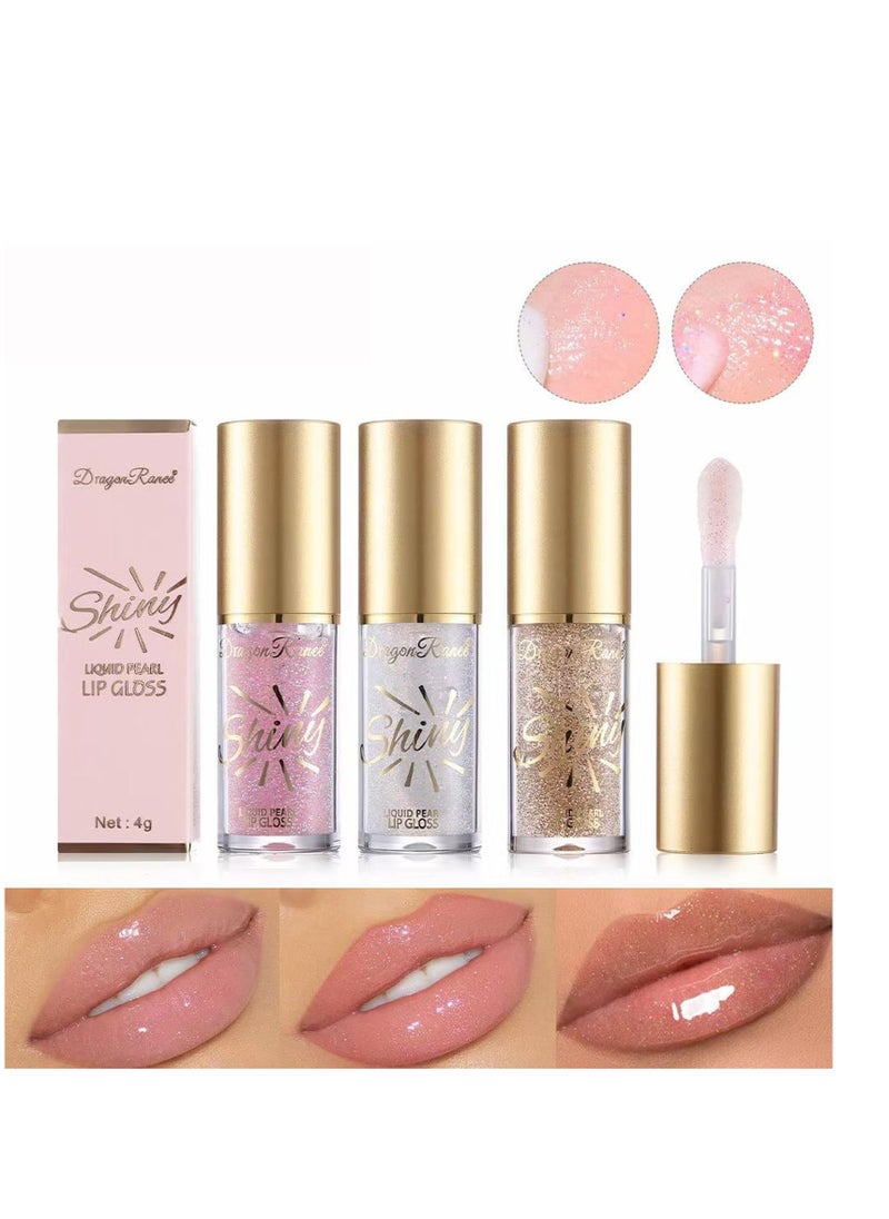 3pcs Shimmery Glitter Moisturizing Lip Oil Big Brush Head Hydrating Lip Glow Oil,Shiny Transparent Lip Gloss Plumping,with Shimmery Finish - Lightweight, Sheer, and Hydrating Lip Care Oil Makeup