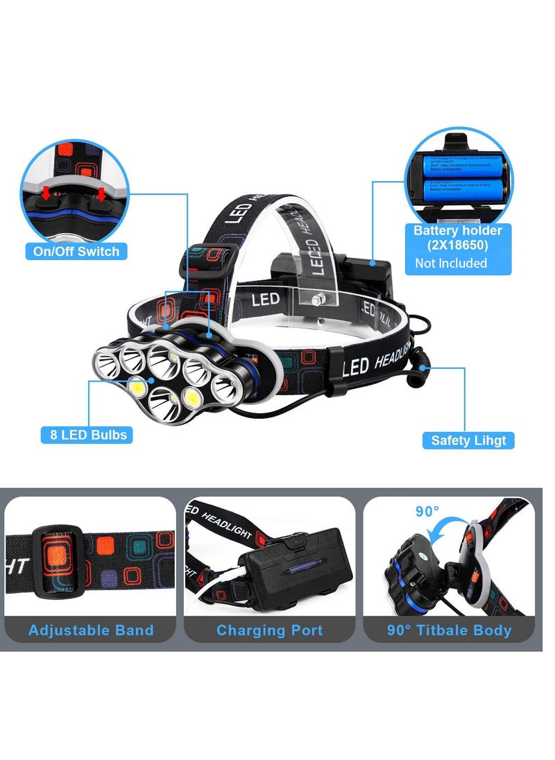 Rechargeable Headlamp, 8 LED 18000 High Lumen Bright Head Lamp with Red Light, Lightweight USB Head Light, 8 Mode Waterproof Head Flashlight for Outdoor Running Hunting Hiking Camping Gear