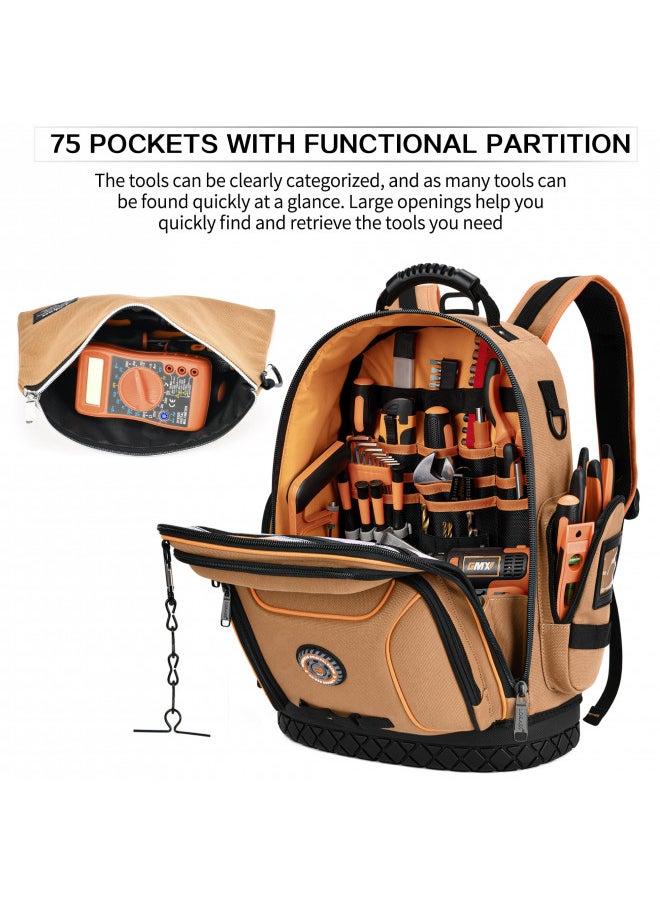 Tool Bag Backpack with 2 Canvas Tool Pouch Tool Kit, 75 Pockets & Loops Heavy Duty Tools Organizer/HVAC Tool Carrier for Eelectrician/Construction Work with Molded Base and Combination Lock, Brown