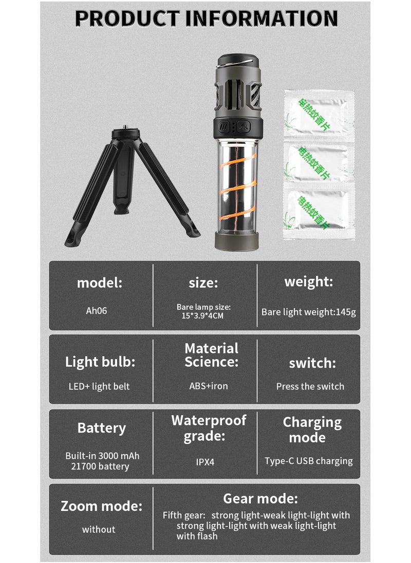 Ultimate LED Mosquito-Repelling Camping Lantern - 5 Lighting Modes, Outdoor Portable Flashlight, IPX4 Waterproof, ABS Construction, 3000mAh Battery, Triple-Legged Stand, Dual Heated Mosquito Pads, 200-300 Lumens, 8Hrs Strong Main Light, 12Hrs/30Hrs Side Light, 3 Blue LED Battery Indicators