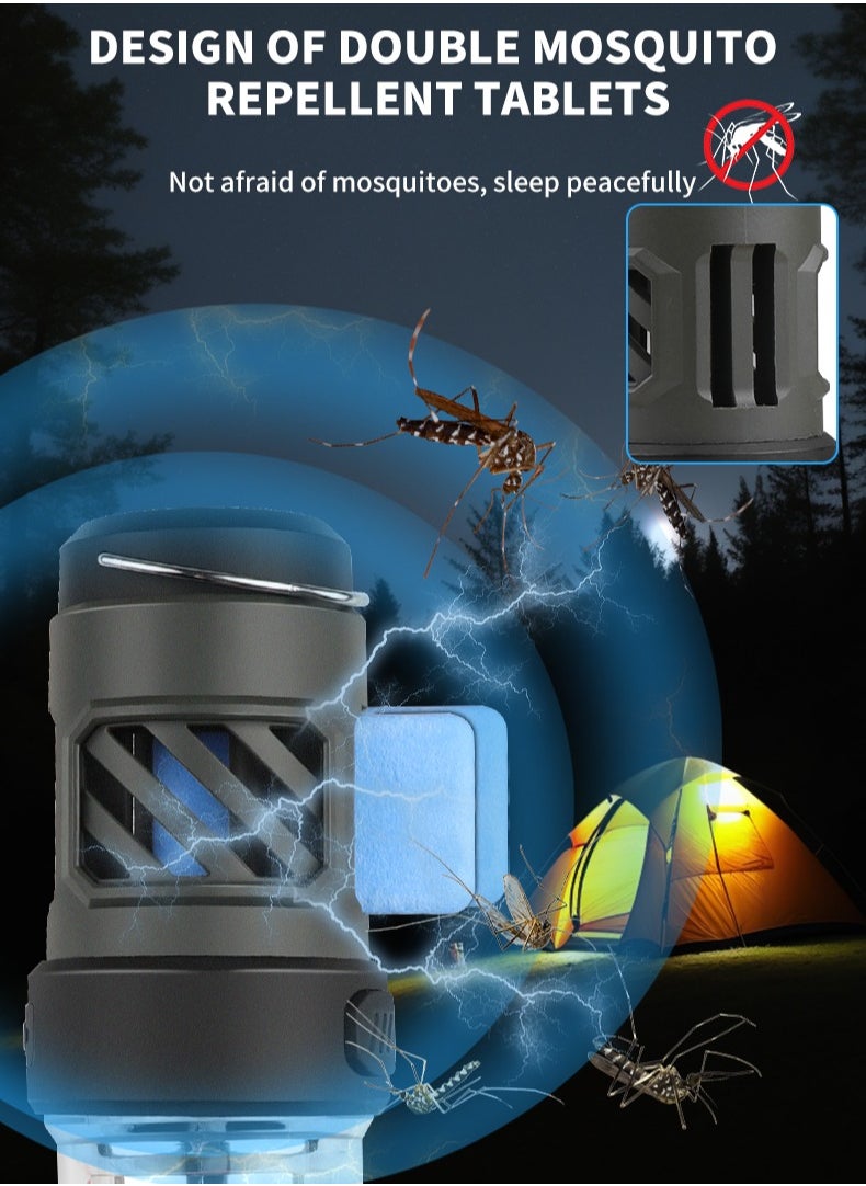 Ultimate LED Mosquito-Repelling Camping Lantern - 5 Lighting Modes, Outdoor Portable Flashlight, IPX4 Waterproof, ABS Construction, 3000mAh Battery, Triple-Legged Stand, Dual Heated Mosquito Pads, 200-300 Lumens, 8Hrs Strong Main Light, 12Hrs/30Hrs Side Light, 3 Blue LED Battery Indicators