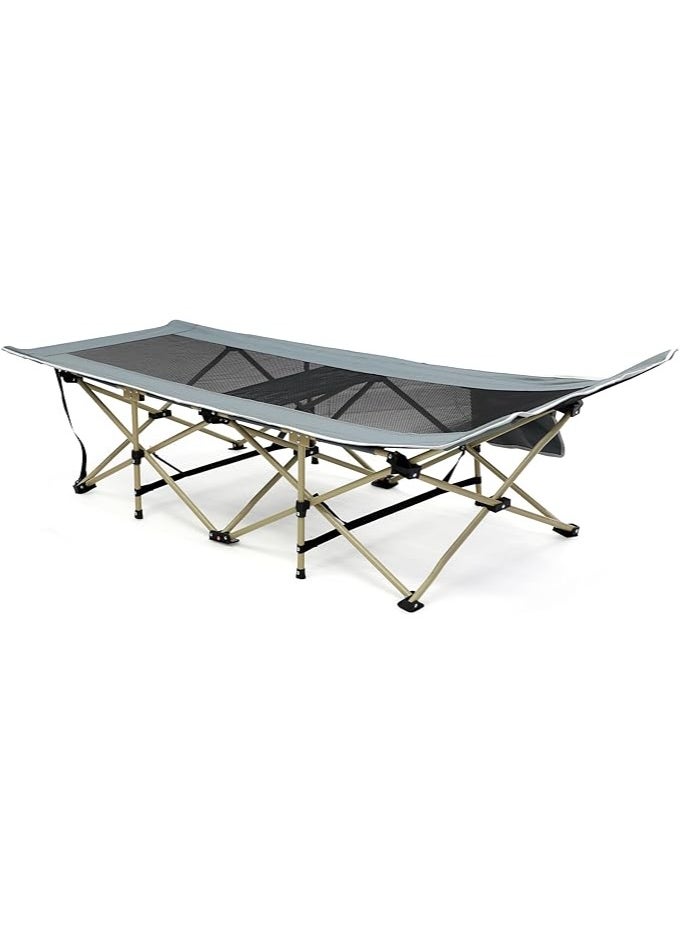 Portable Folding MH-FB07 Camping Cot with Mesh Fabric and Steel Frame, 185cm Long with Side Pocket for Outdoor and Emergency Use ..Grey