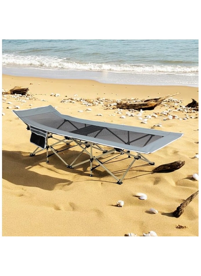 Portable Folding MH-FB07 Camping Cot with Mesh Fabric and Steel Frame, 185cm Long with Side Pocket for Outdoor and Emergency Use ..Grey