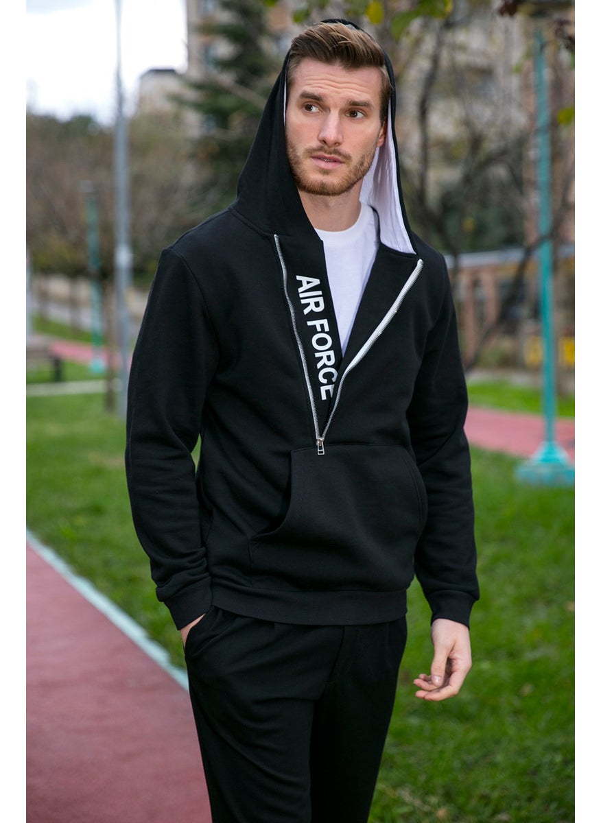 Kangaroo Pocket Zippered Hooded Collar Slim Fit Men's Sweat 575707