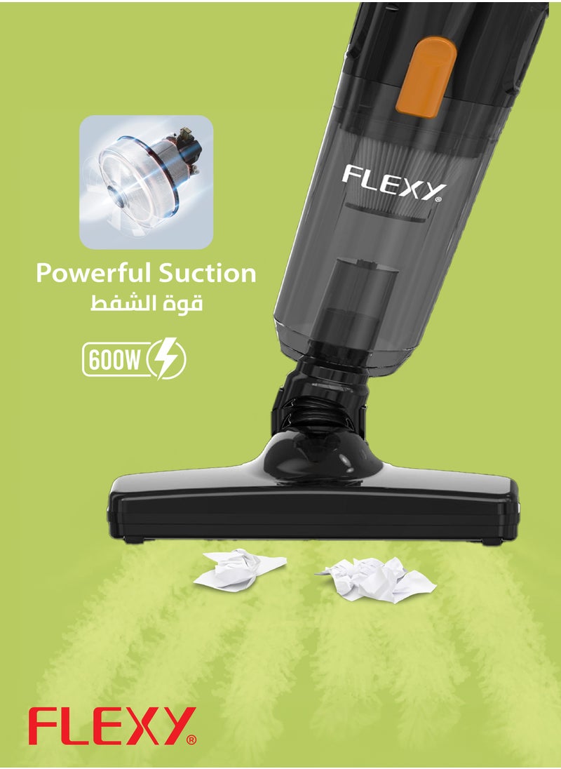 Flexy 600W Vacuum Cleaner with High-Efficient Copper Motor, 3-in-1 Design, HEPA Filter, 16Kpa Suction, 1.2L Dust Capacity, Washable Filter, Low Noise, 2-Year Warranty