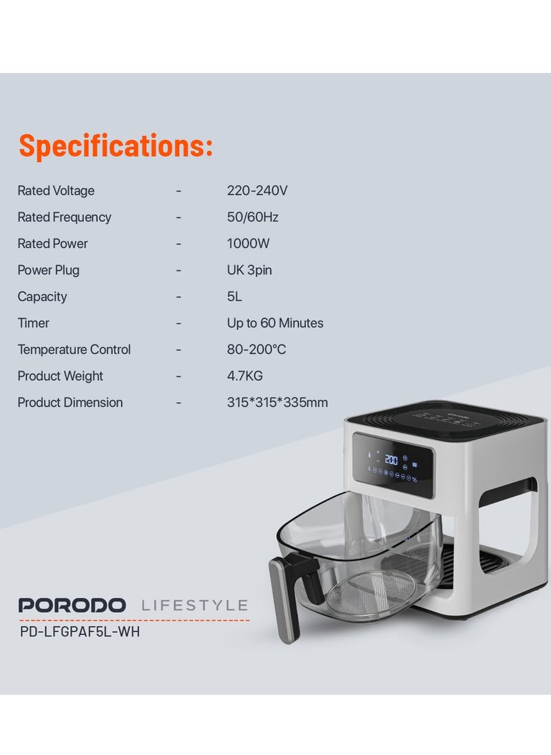 Porodo LifeStyle 5L Glass Pot Air Fryer - White