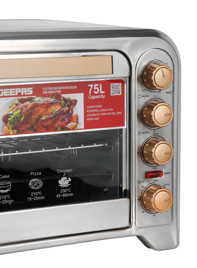 75Ltr Electric Oven Convection and Rotisserie Function| Perfect for Grilling, Toasting and Roasting| 4 Knobs and Temperature 70-250-Degrees Celsius| 120 Minute Timer with Bell, Inside Lamp| 2200W and Stainless Steel Heating Elements | 2 Years Warranty 75 L 2200 W GO34041 Silver