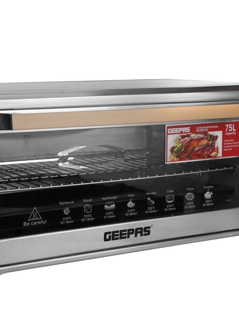 75Ltr Electric Oven Convection and Rotisserie Function| Perfect for Grilling, Toasting and Roasting| 4 Knobs and Temperature 70-250-Degrees Celsius| 120 Minute Timer with Bell, Inside Lamp| 2200W and Stainless Steel Heating Elements | 2 Years Warranty 75 L 2200 W GO34041 Silver