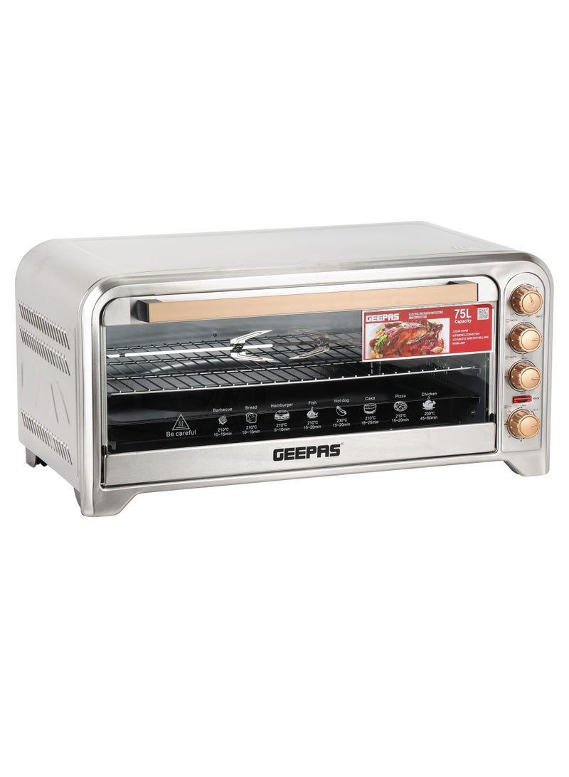 75Ltr Electric Oven Convection and Rotisserie Function| Perfect for Grilling, Toasting and Roasting| 4 Knobs and Temperature 70-250-Degrees Celsius| 120 Minute Timer with Bell, Inside Lamp| 2200W and Stainless Steel Heating Elements | 2 Years Warranty 75 L 2200 W GO34041 Silver