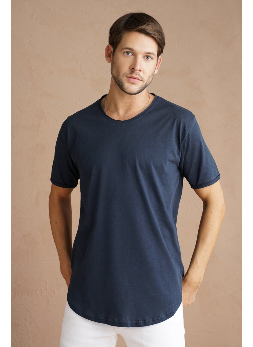 Cool Style Navy Blue Men's Oval Cut Slim Fit Sloppy Collar Casual T-Shirt