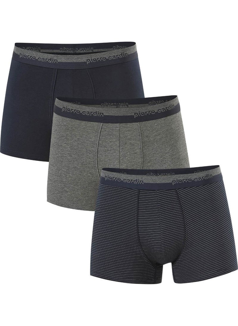 Navy Blue Gray Cotton Elastane 3-Piece Boxer Men's Boxer