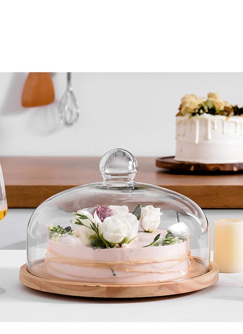 Rotating Cake Stand with Glass Dome Lid, Acacia Wood Cake Holder with Lid, Cake Plate with Lid for Baking Gifts, Cake Display Server Tray for Birthday Party Weddings