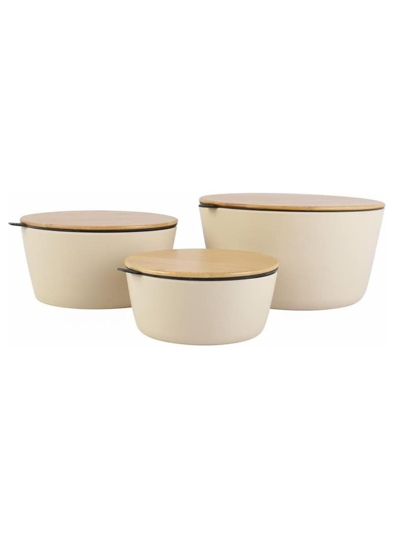 VOIDROP Melamine Air Tight Storage Bowl Set With Lids 3 Piece Set Stock And Seal Wooden 1 x 550ML 1 x 1200ML 1 x 2200ML Off White