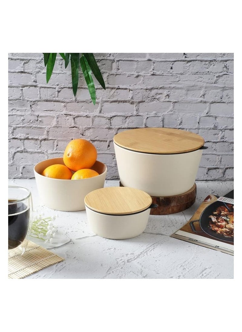 VOIDROP Melamine Air Tight Storage Bowl Set With Lids 3 Piece Set Stock And Seal Wooden 1 x 550ML 1 x 1200ML 1 x 2200ML Off White