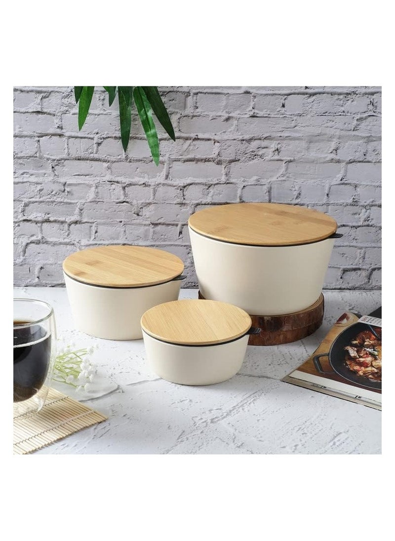 VOIDROP Melamine Air Tight Storage Bowl Set With Lids 3 Piece Set Stock And Seal Wooden 1 x 550ML 1 x 1200ML 1 x 2200ML Off White