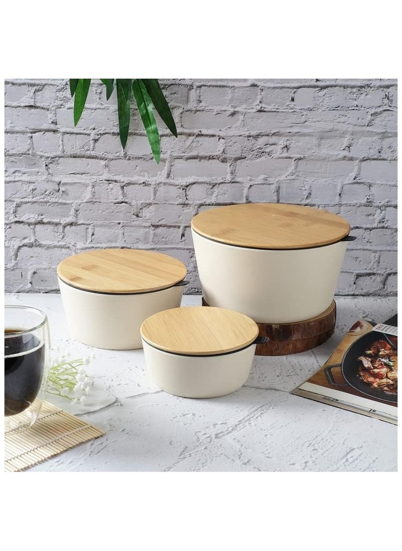 VOIDROP Melamine Air Tight Storage Bowl Set With Lids 3 Piece Set Stock And Seal Wooden 1 x 550ML 1 x 1200ML 1 x 2200ML Off White