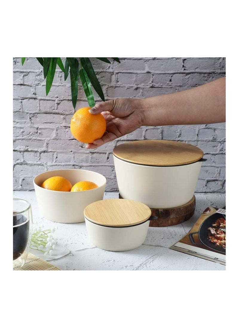 VOIDROP Melamine Air Tight Storage Bowl Set With Lids 3 Piece Set Stock And Seal Wooden 1 x 550ML 1 x 1200ML 1 x 2200ML Off White