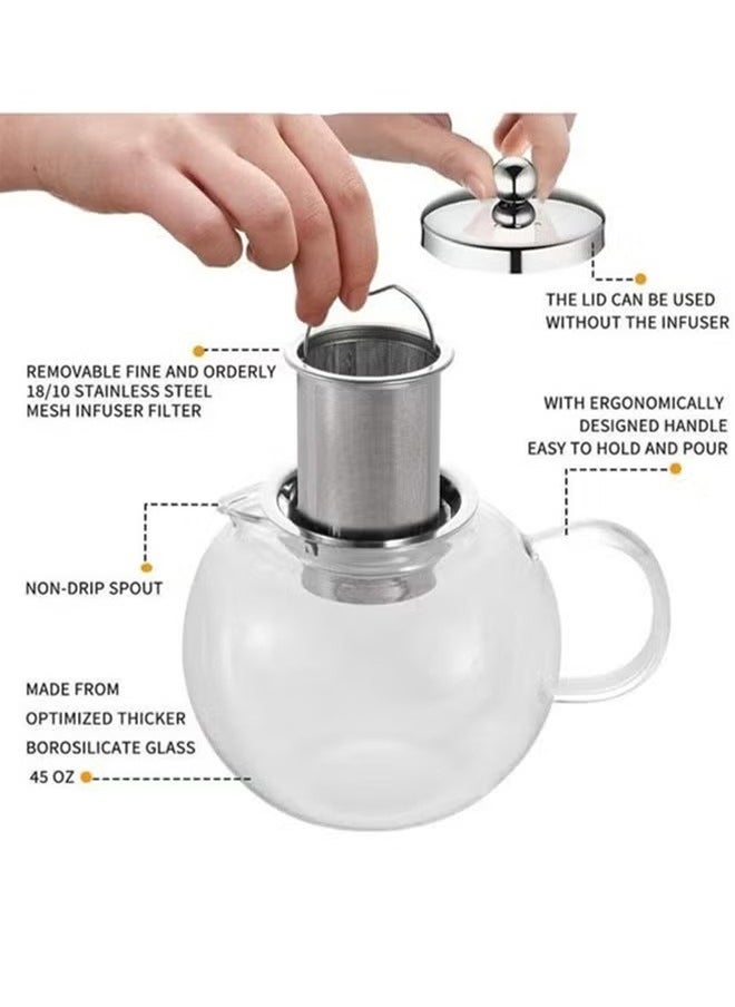 Glass Teapot Household Stainless Steel Filter Tea Set Flower Teapot, 950ml