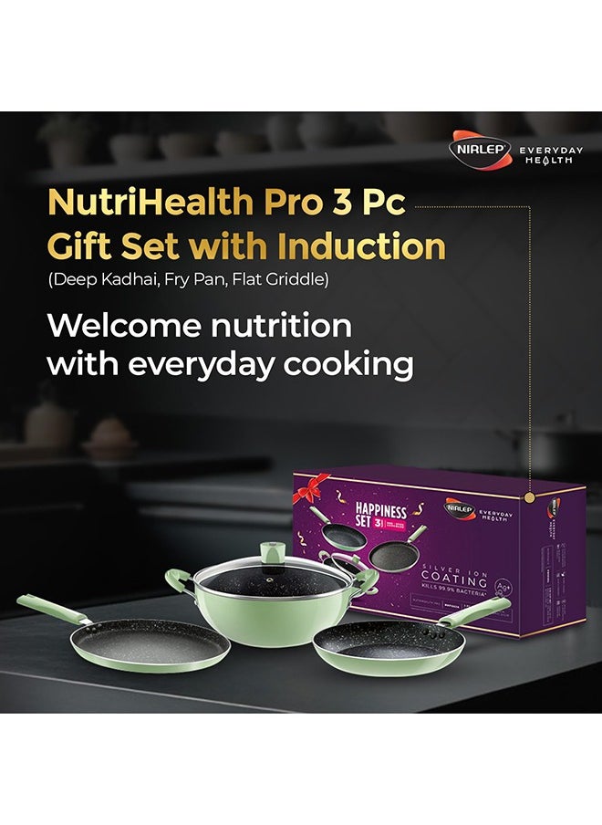 NutriHealth Pro 3-Piece Gift Set with Induction: Flat Griddle 27cm, Fry Pan 24cm, Deep Kadhai 24cm with Glass Lid | To Make Dosas, Uttapams, Parathas, Chillas, Omelettes, Crepes