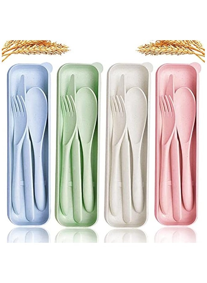 Cutlery with Case Travel Utensil Set, 4 Sets Wheat Straw Reusable Portable Spoon Knife Forks Tableware, Eco Friendly Non-toxin BPA Free Portable Cutlery for Travel Picnic