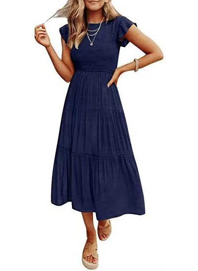 2022 European Style Layered Ruffle Dress Navy blue