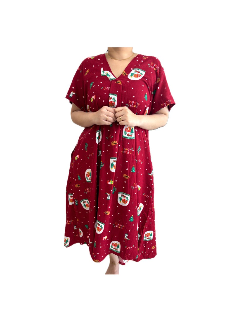 Zebees Christmas Holiday Printed Relaxed Fit Women Dress, V-Neck, Maternity, XXL,Embrace the festive spirit with this delightful red dress